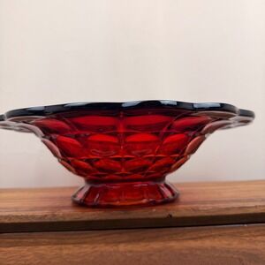 Tiara Constellation Sunset Amberina Glass Bowl Vintage Scalloped Footed 12 Inch